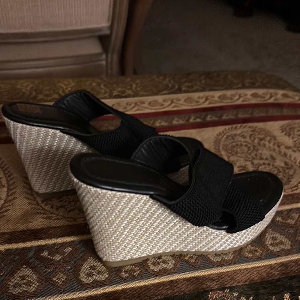 Black Wedge Slide Sandals with Braided Espadrille Heel - Women's